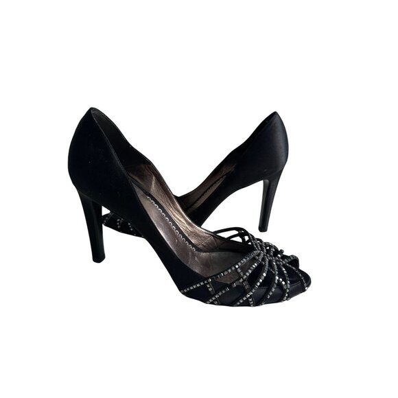 GIORGIO ARMANI Black Satin Fabric Jeweled Heels Size US 8.5 / 38.5 - Picture 2 of 13